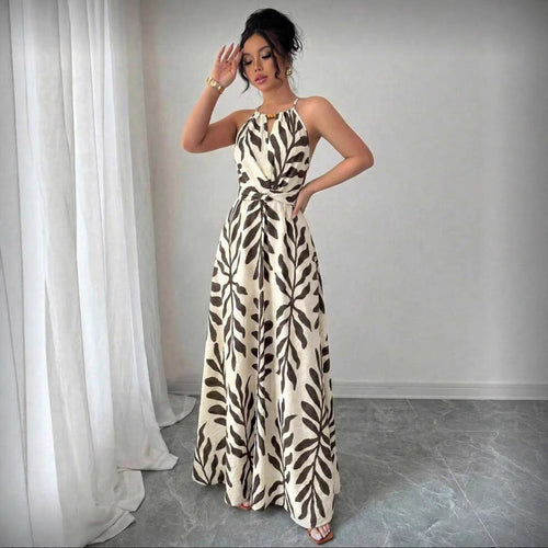 Women's Leaf-Print Beaded Halter Belted Maxi Dress - KaleaBoutique.com