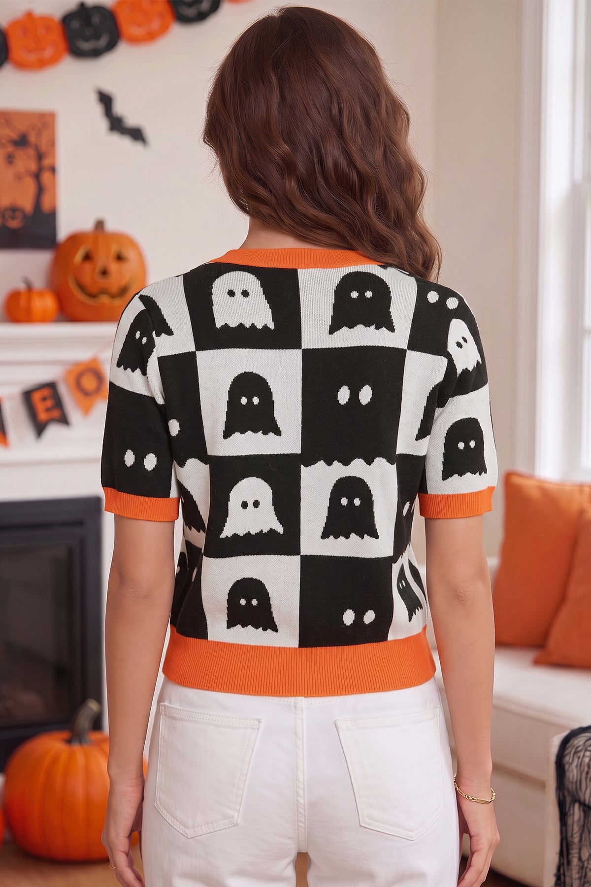 KaleaBoutique Stylish Geometric Ghost Color Block Trim Short Sleeve Knit Sweater - KaleaBoutique.com