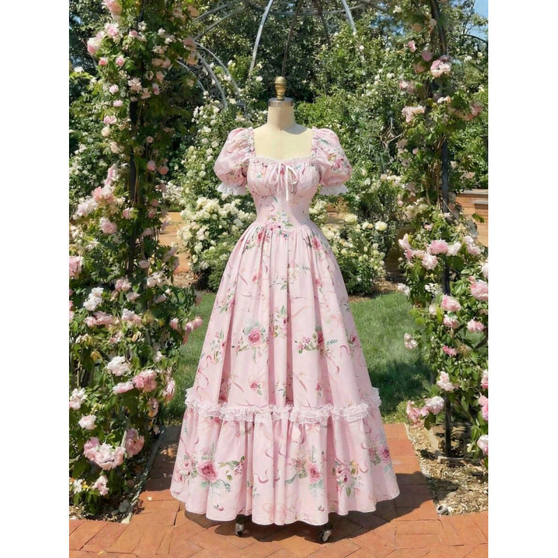 Women's Floral Puff-Sleeve Lace-Trim Ruffle-Hem Maxi Dress - KaleaBoutique.com