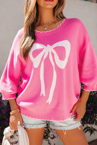 KaleaBoutique Stylish Big Ribbon Bow Print Contrast Stitch Trim Drop Shoulder Sweater - KaleaBoutique.com