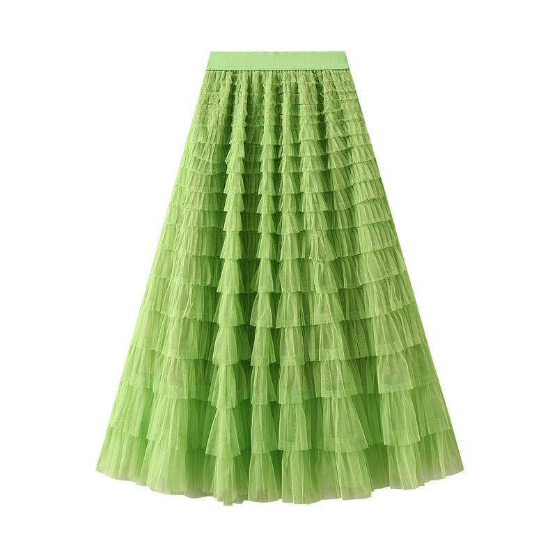 A-Line Mesh Ruffle Skirt Women's Temperament Sweet Long Skirt Slim Cupcake Dress Womens Clothing - KaleaBoutique.com
