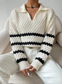 Women's Striped Openwork Polo-Collar Pullover Sweater - KaleaBoutique.com