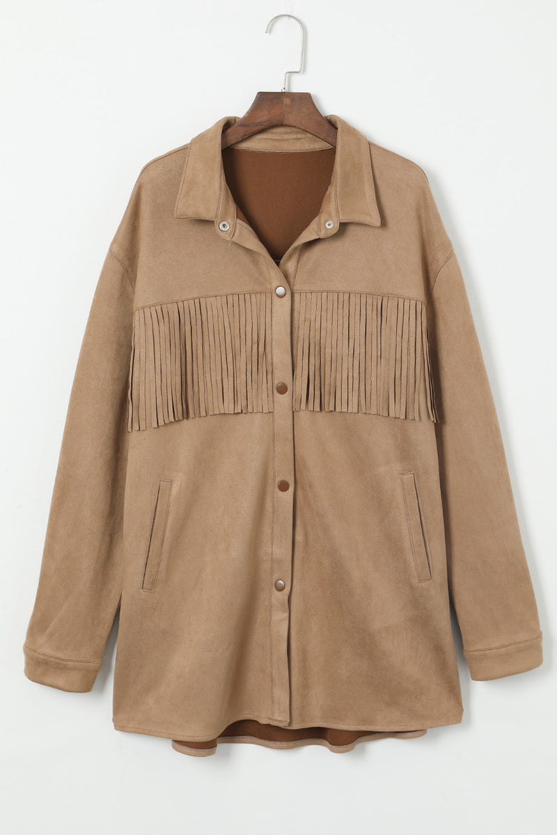 KaleaBoutique Fringe Trim Plus Size Suede Shacket - KaleaBoutique.com