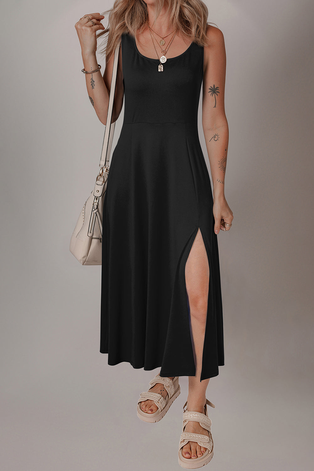 KaleaBoutique Chic Sleeveless Scoop Neck Flared Split Midi Dress - KaleaBoutique.com