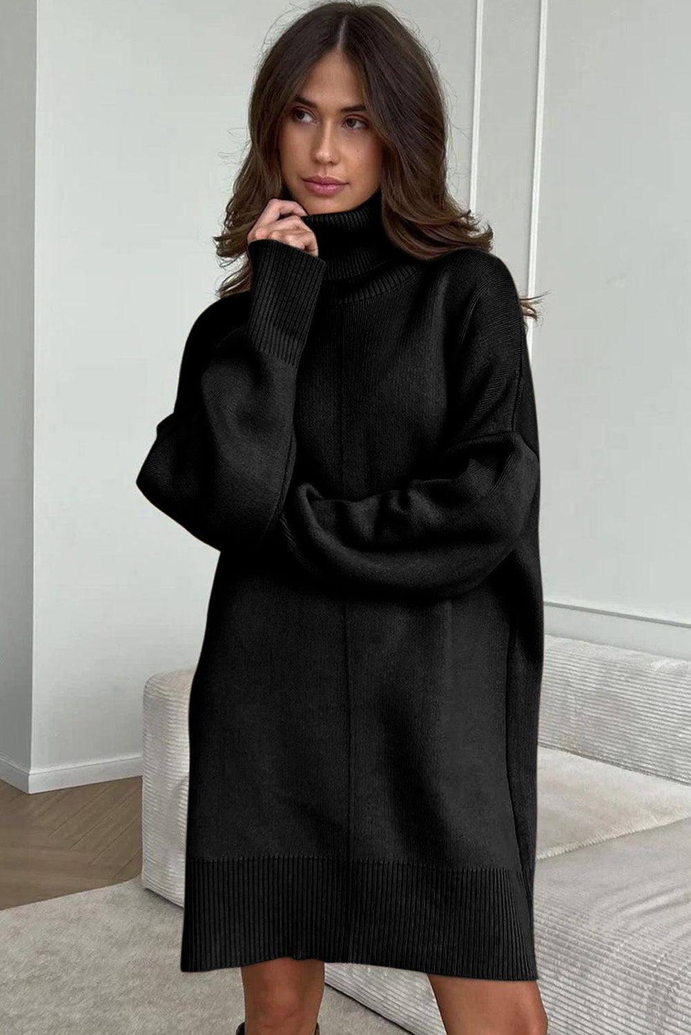 KaleaBoutique Comfortable Solid Color Turtleneck Drop Shoulder Loose Sweater Dress - KaleaBoutique.com