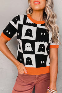 KaleaBoutique Stylish Geometric Ghost Color Block Trim Short Sleeve Knit Sweater - KaleaBoutique.com