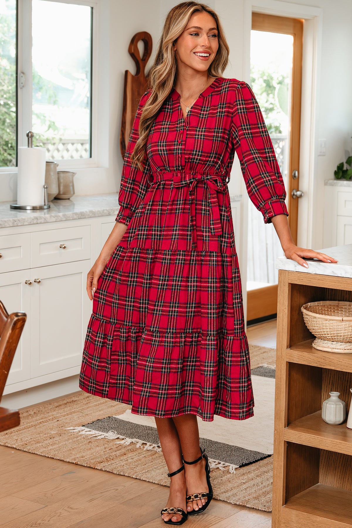KaleaBoutique Christmas Plaid V Neck 3/4 Sleeve Tie Waist Ruffle Hem Long Dress - KaleaBoutique.com