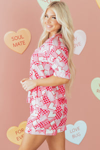 KaleaBoutique Comfortable Heart Print Shirt Style Silky Short Pajama Set - KaleaBoutique.com
