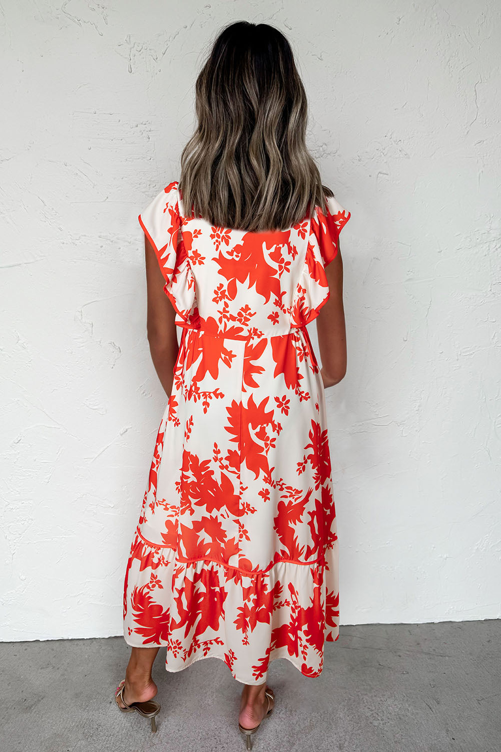 KaleaBoutique Stylish Floral Print Trimmed V Neck Ruffle Sleeve Long Dress - KaleaBoutique.com