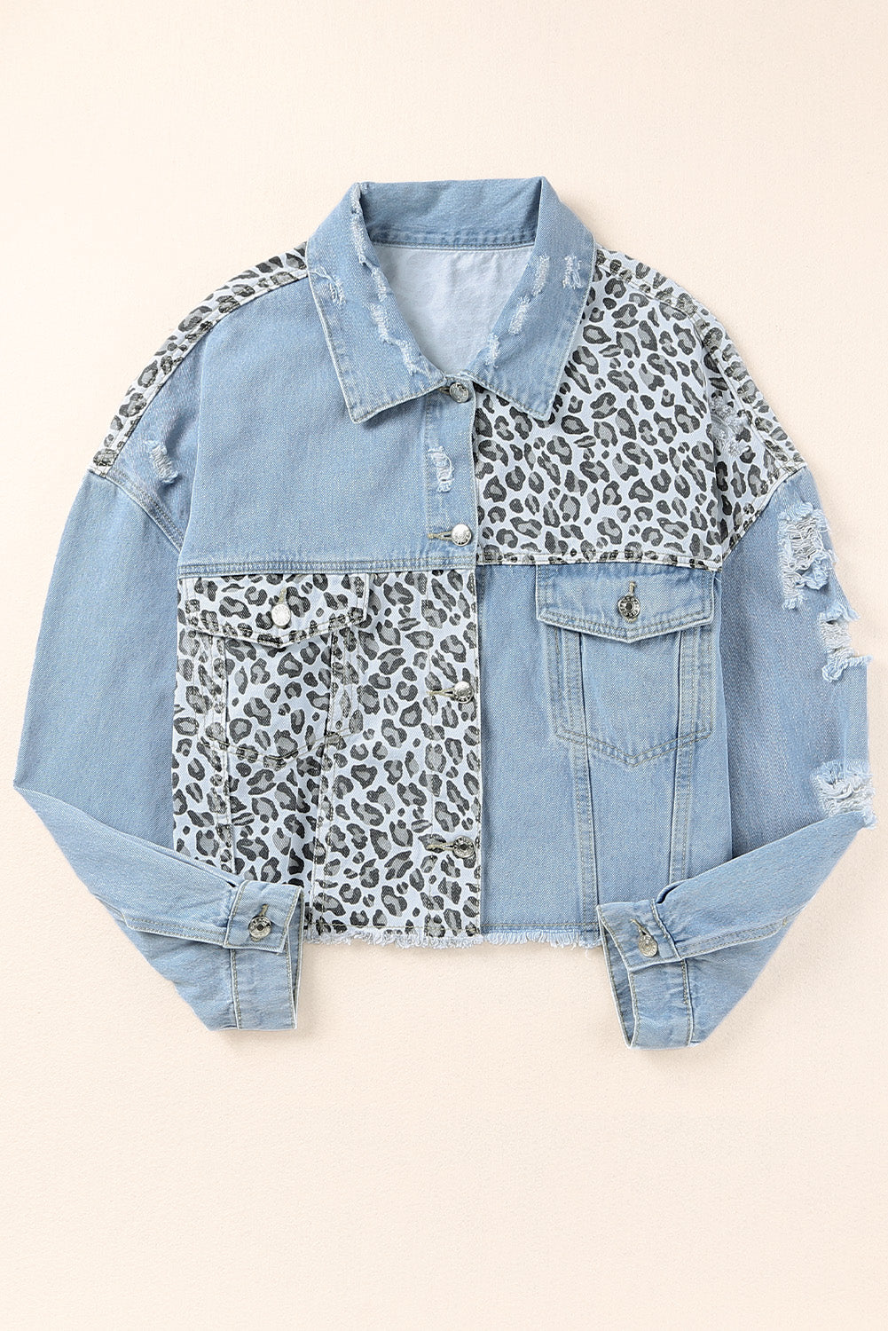 Blue Plus Size Leopard Ripped Cropped Denim Jacket - KaleaBoutique.com