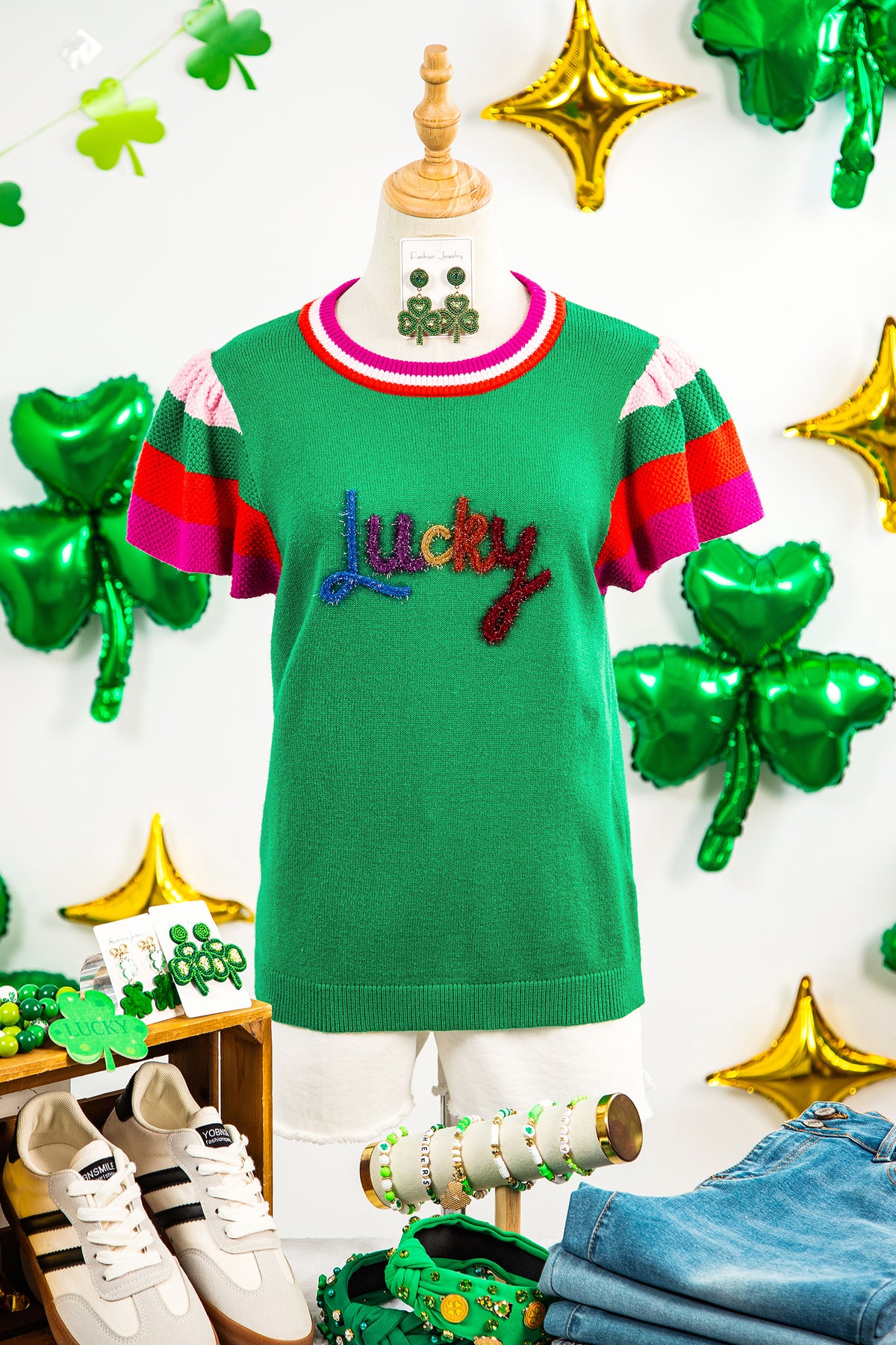 KaleaBoutique Stylish Shiny Lucky Striped Flutter Sleeve Round Neck Sweater - KaleaBoutique.com