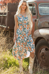 KaleaBoutique Stylish Floral Print Trimmed V Neck Tie Waist Sleeveless Holiday Long Dress - KaleaBoutique.com