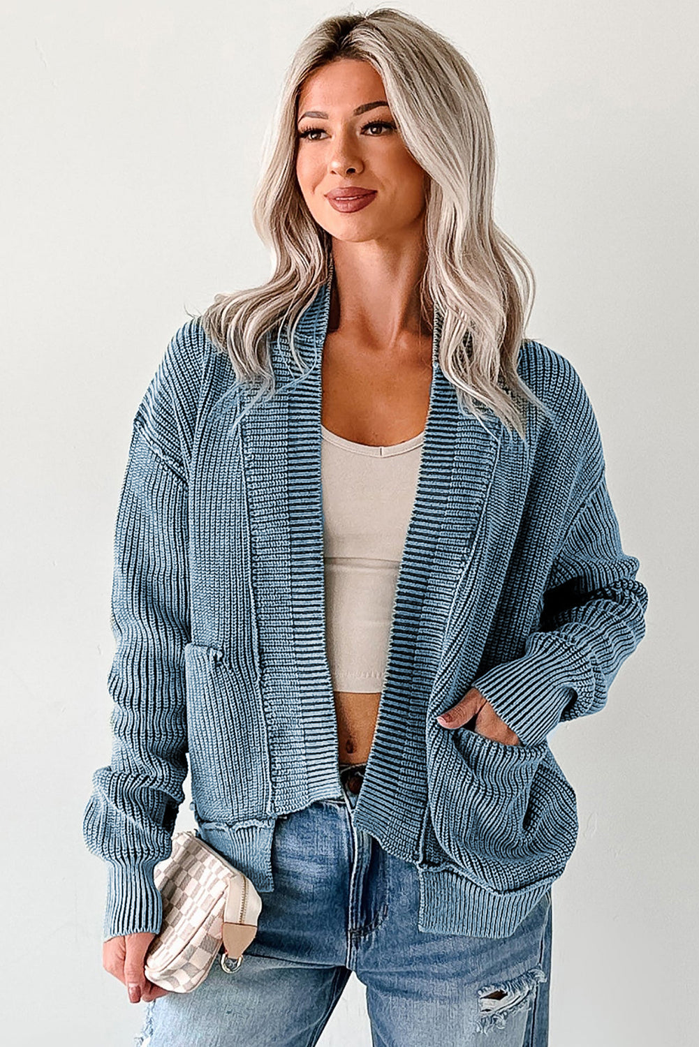 KaleaBoutique Stylish Mineral Wash Exposed Seam Patchwork Knit Open Sweater Cardigan - KaleaBoutique.com