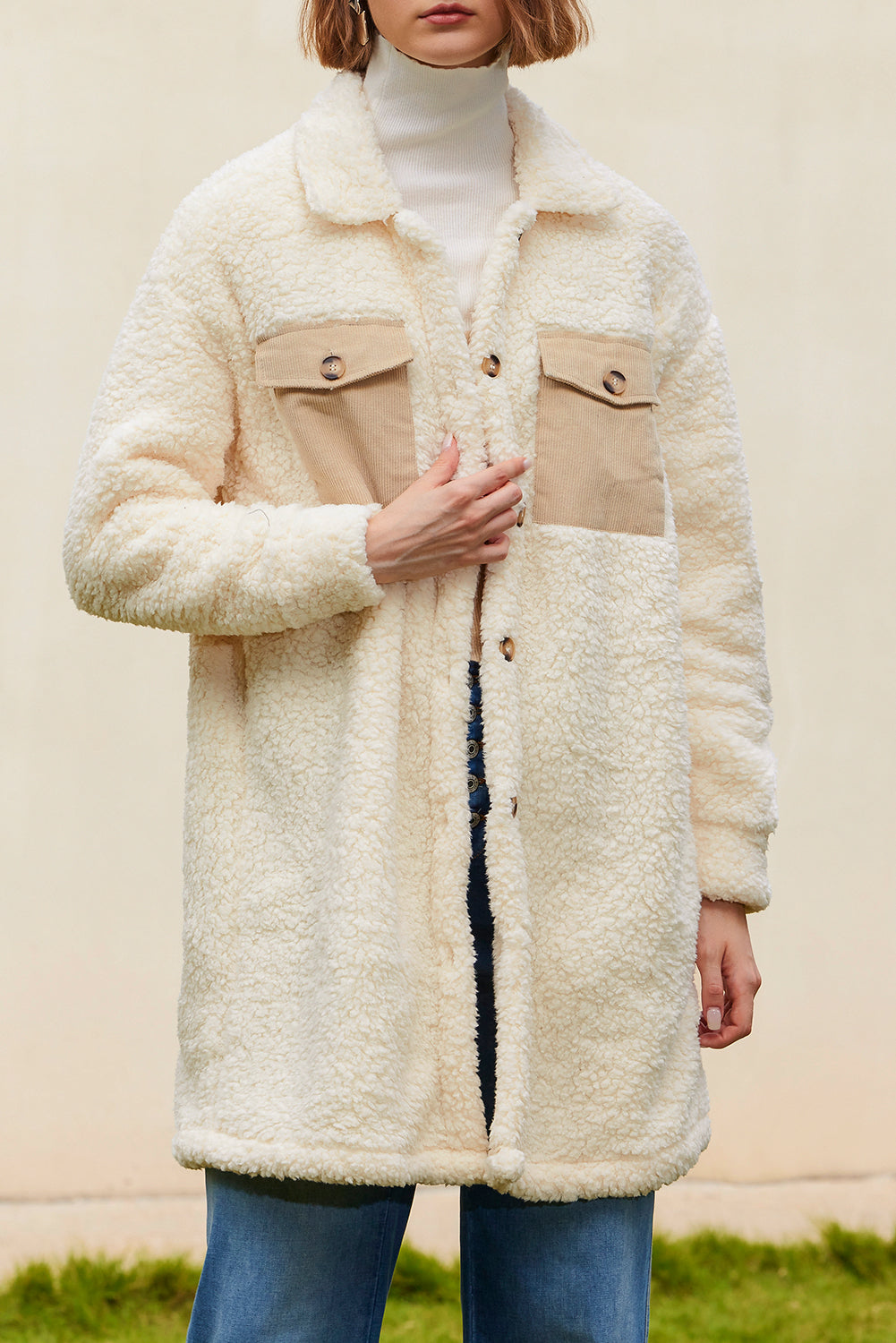 KaleaBoutique Stylish Contrast Flap Pocket Single Breasted Teddy Coat - KaleaBoutique.com
