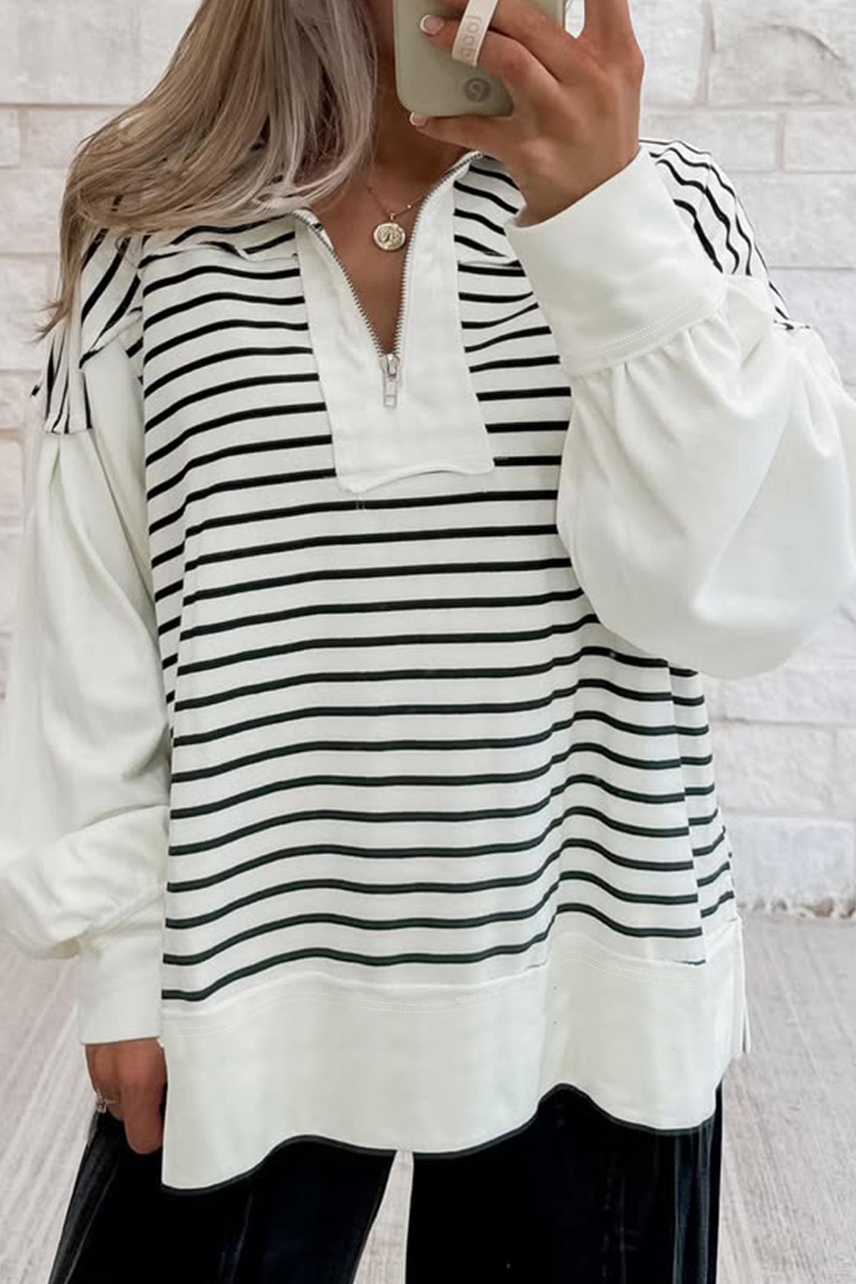 KaleaBoutique Comfortable Color Block Long Puff Sleeve Metal Zip-Up Collar Top - KaleaBoutique.com