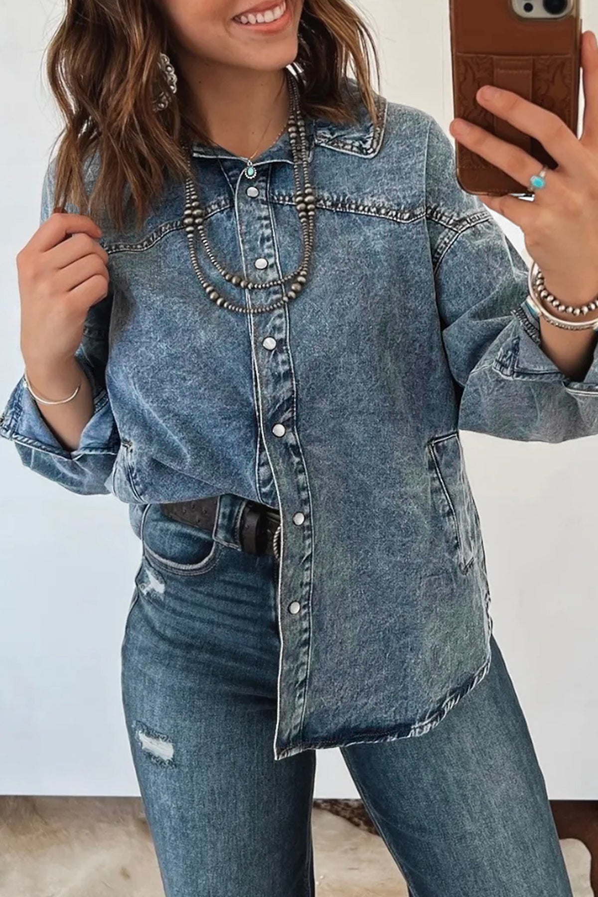 Western Long Sleeve Shirt Collar Tunic Denim Jacket - KaleaBoutique.com