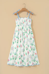 KaleaBoutique Stylish Floral Print Contrast Trim Self-tie Straps High Waist Midi Dress - KaleaBoutique.com