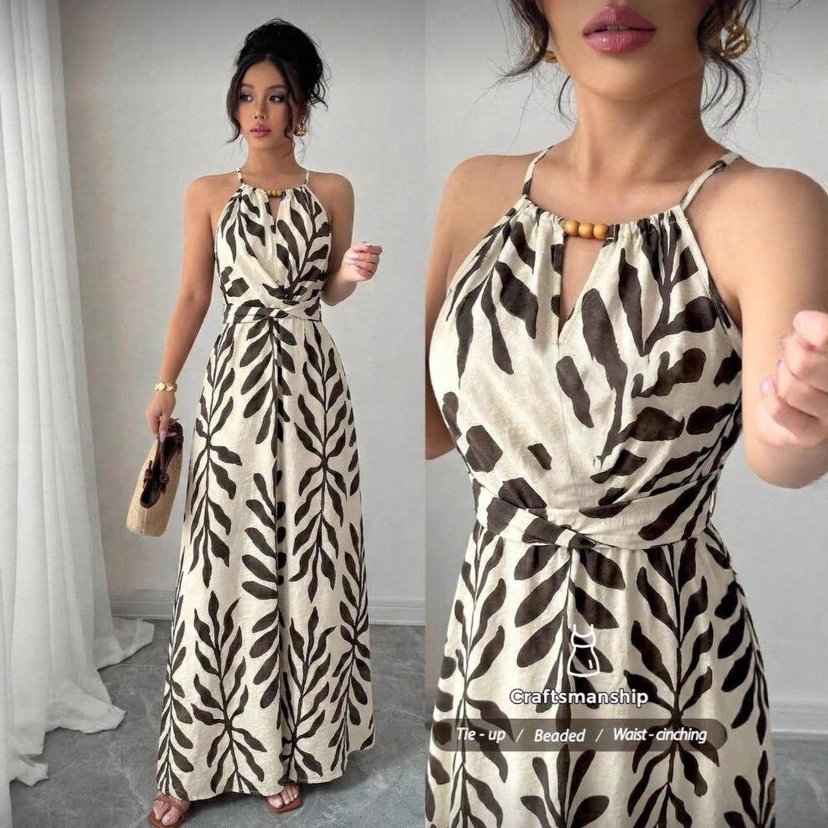 Women's Leaf-Print Beaded Halter Belted Maxi Dress - KaleaBoutique.com