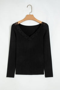 KaleaBoutique Stylish Beautiful Lace Trim Elegant Neckline Long Sleeve Slim Top - KaleaBoutique.com