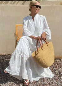 Women's Split-Neck Eyelet Flared-Sleeve Tiered Maxi Dress - KaleaBoutique.com
