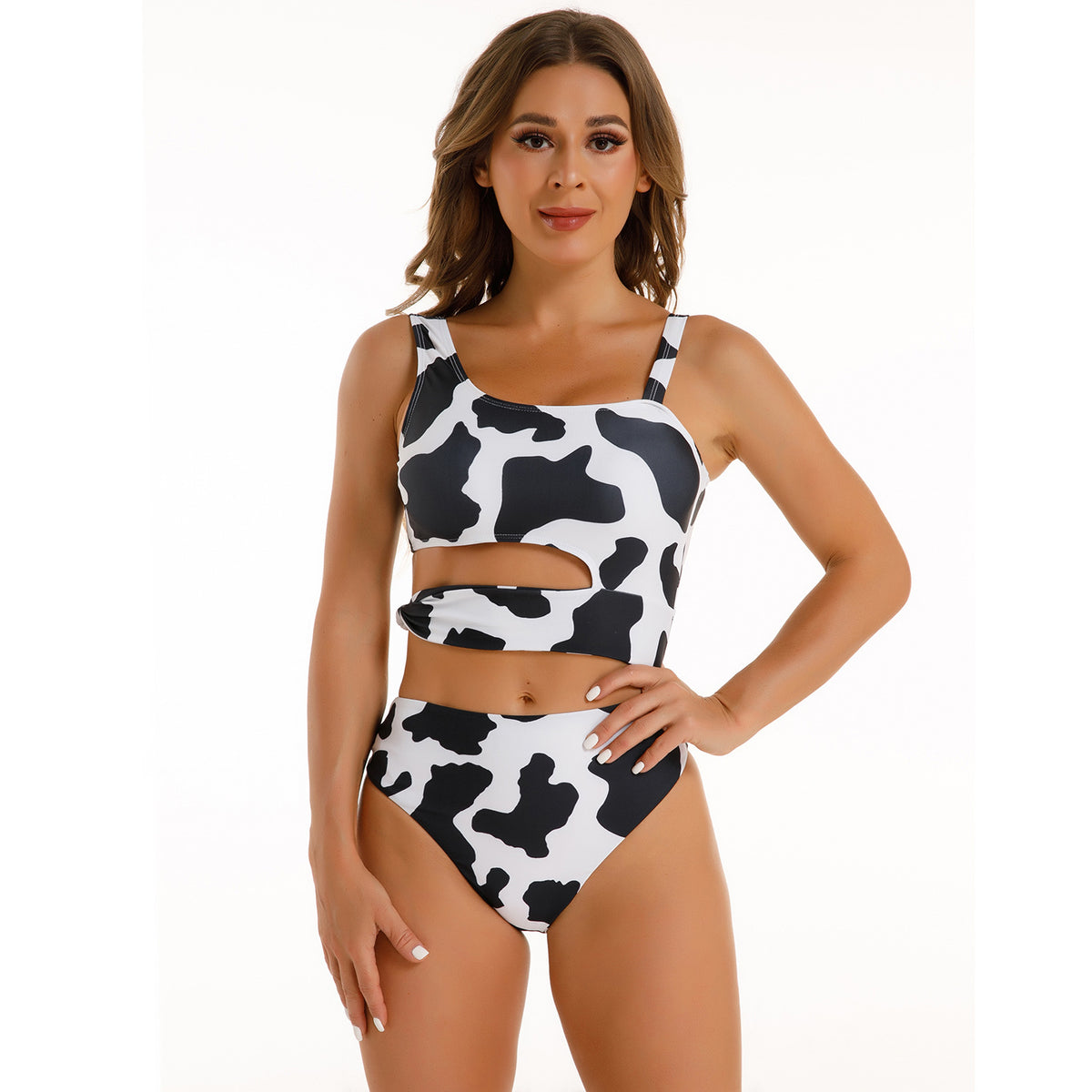 Women Black and White Cow Skin Print Cutout One-Piece Swimsuit - KaleaBoutique.com