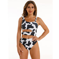 Women Black and White Cow Skin Print Cutout One-Piece Swimsuit - KaleaBoutique.com