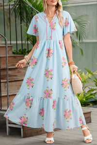 KaleaBoutique Comfortable Notched Neck Flutter Short Sleeve Floral Print Maxi Dress - KaleaBoutique.com