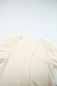 KaleaBoutique Chic Solid Color Textured Notched Neck Puff Sleeve Blouse - KaleaBoutique.com