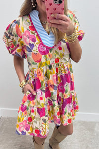 KaleaBoutique Stylish Bright Floral Print Ricrac Trim Striped Patchwork V Neck Dress - KaleaBoutique.com