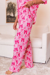 KaleaBoutique Comfortable Bow Knot Print Lapel Collar Short Sleeve and Pants Pajamas Set - KaleaBoutique.com