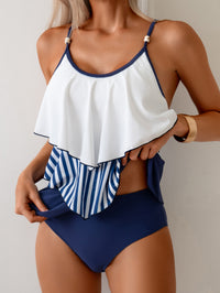 Women's Navy and White Tiered Ruffle 2 PC Tankini Set - KaleaBoutique.com