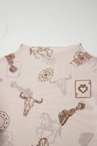 KaleaBoutique Stylish Western Print Slim Fit Mesh Long Sleeve Mock Neck Top - KaleaBoutique.com