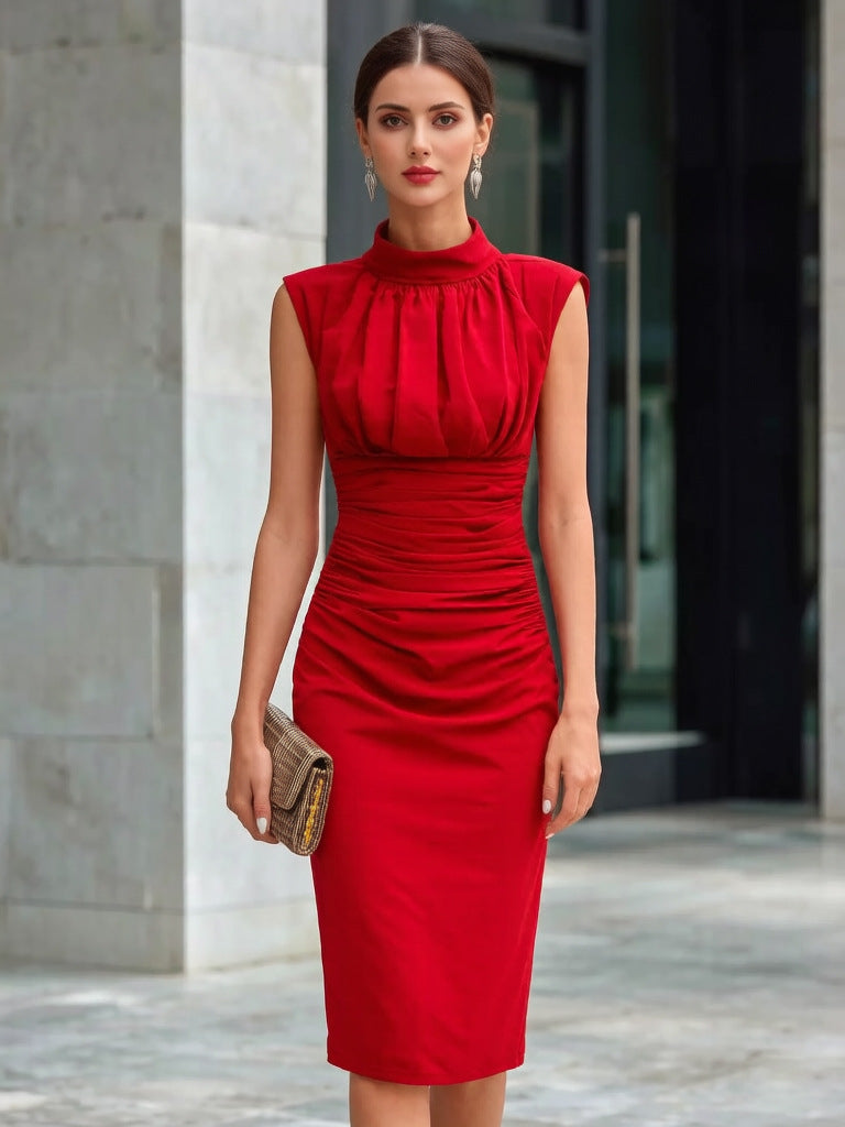 Women's High-Neck Sleeveless Ruched Sheath Dress - KaleaBoutique.com