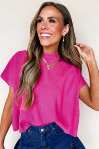 KaleaBoutique Comfortable Solid Color Ribbed Knit Mock Neck Loose Short Sleeve Sweater - KaleaBoutique.com
