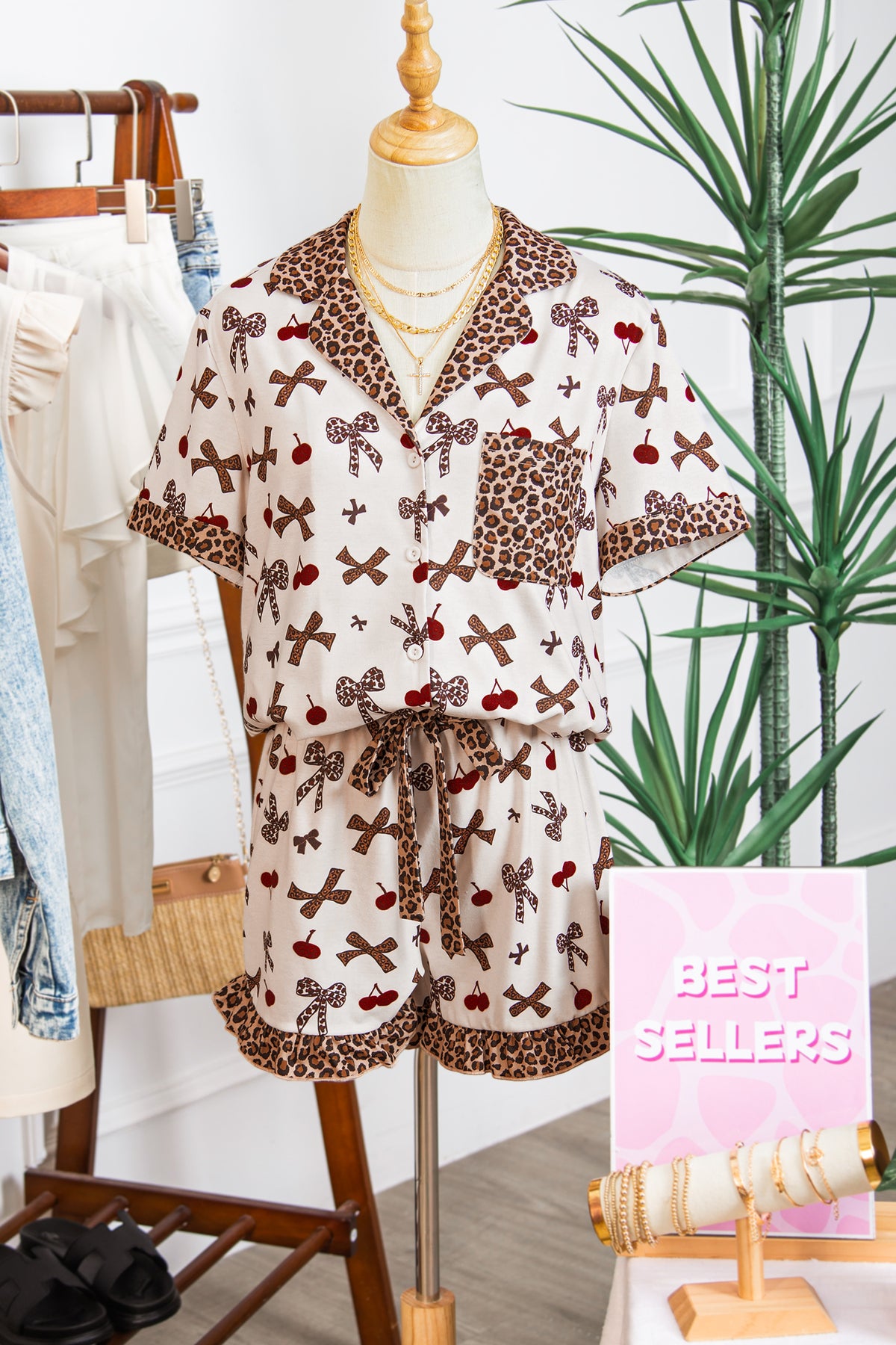 KaleaBoutique Stylish Chic Bow Cherry Printed Leopard Contrast Patchwork Shirt Drawstring Shorts 2pcs PJ Set - KaleaBoutique.com