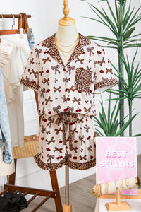KaleaBoutique Stylish Chic Bow Cherry Printed Leopard Contrast Patchwork Shirt Drawstring Shorts 2pcs PJ Set - KaleaBoutique.com