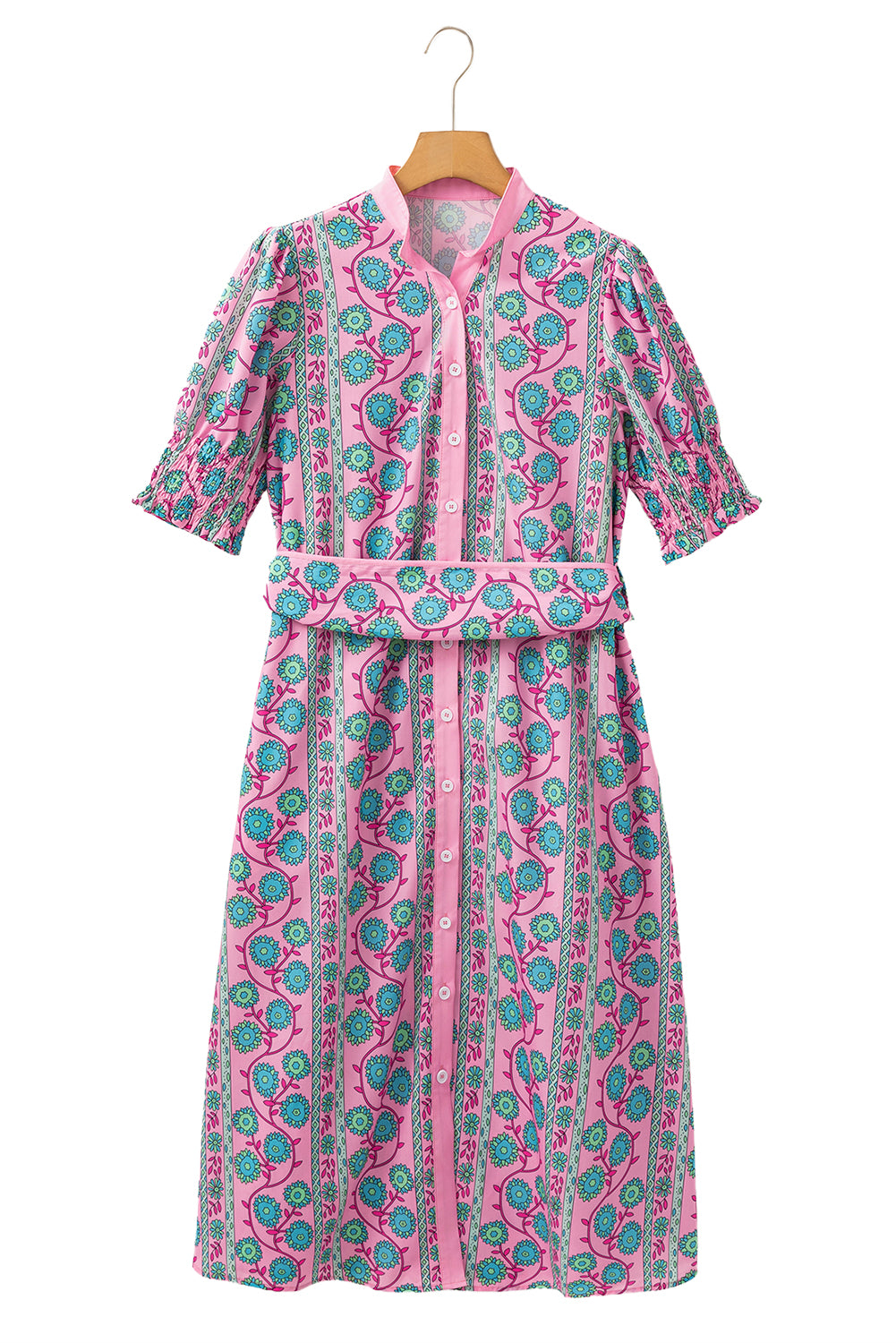 KaleaBoutique Stylish Floral Shirred Puff Sleeve Buttoned Front Midi Dress with Sash - KaleaBoutique.com
