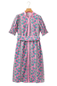 KaleaBoutique Stylish Floral Shirred Puff Sleeve Buttoned Front Midi Dress with Sash - KaleaBoutique.com
