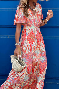 KaleaBoutique Comfortable Paisley Print V-Neck Short Sleeve Boho Maxi Dress with Ruffle Details - KaleaBoutique.com