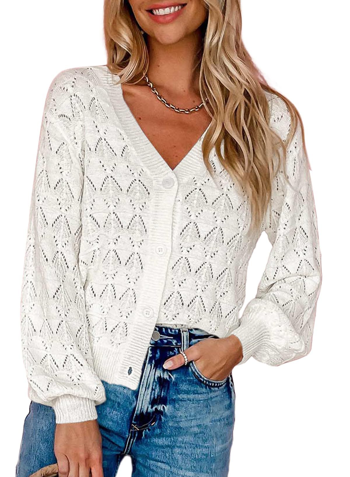 Women's Openwork V-Neck Button-Front Balloon-Sleeve Cardigan - KaleaBoutique.com