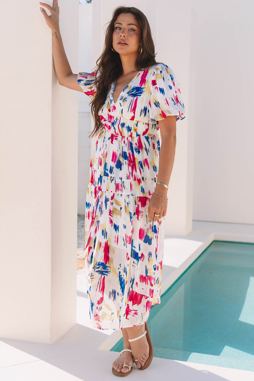 KaleaBoutique Stylish Abstract Print Short Puff Sleeve Tiered Maxi Dress - KaleaBoutique.com