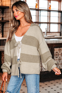KaleaBoutique Comfortable Striped Color Block Brushed Knit Bow Tie Front Sweater Cardigan - KaleaBoutique.com
