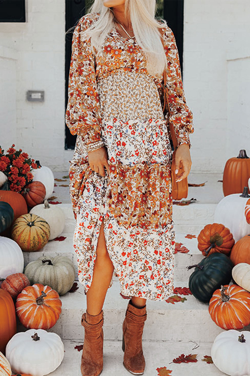 KaleaBoutique Stylish Floral Print Ruffled Tiered Long Sleeve V Neck Midi Dress - KaleaBoutique.com