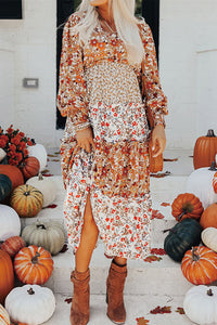 KaleaBoutique Stylish Floral Print Ruffled Tiered Long Sleeve V Neck Midi Dress - KaleaBoutique.com