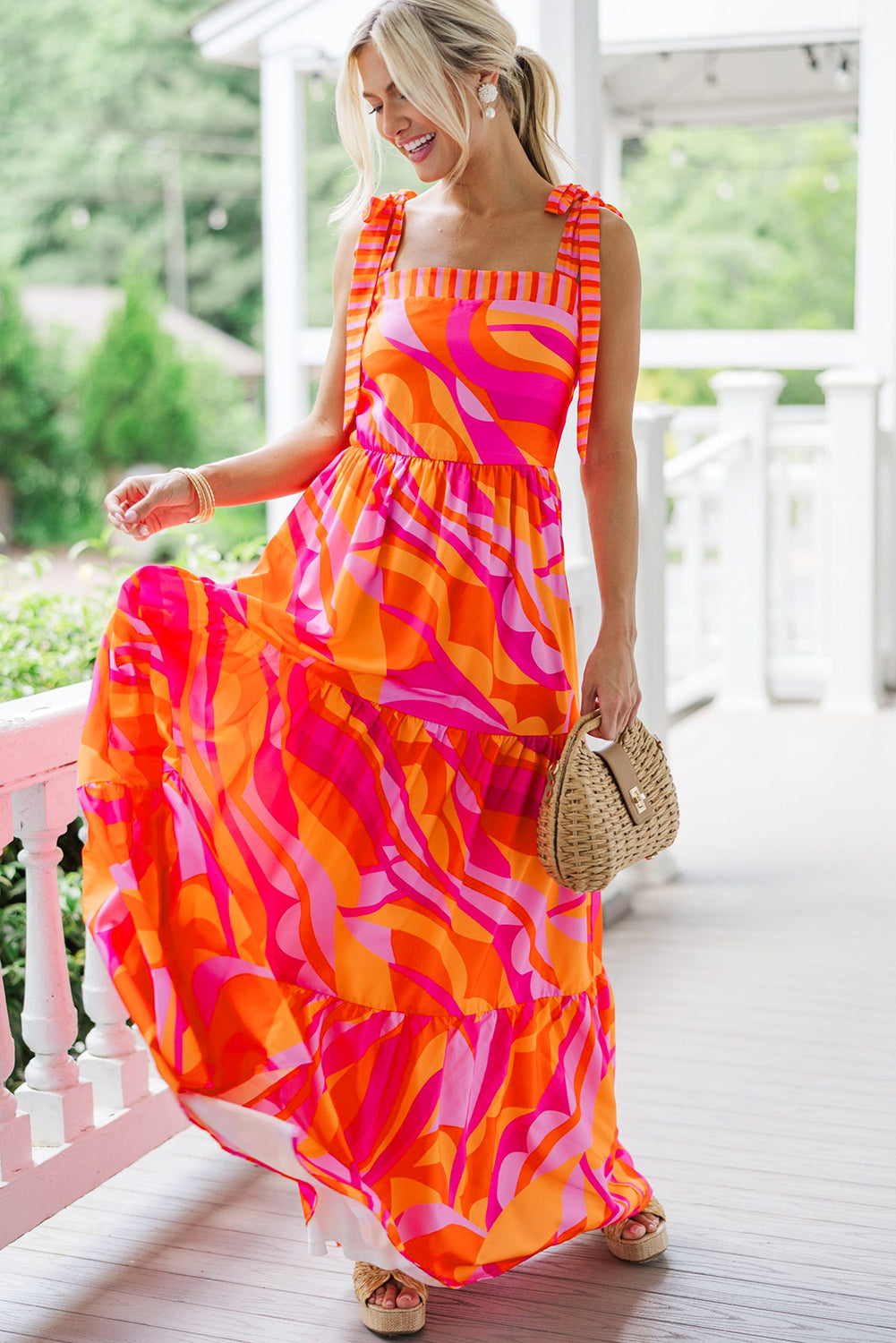 KaleaBoutique Stylish Abstract Print Knotted Shoulder High Waist Maxi Dress - KaleaBoutique.com