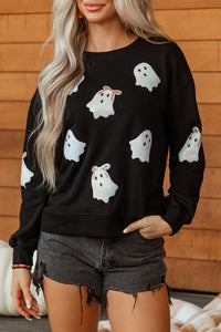 Black Sequin Bow Ghost Halloween Crew Neck Sweatshirt - KaleaBoutique.com