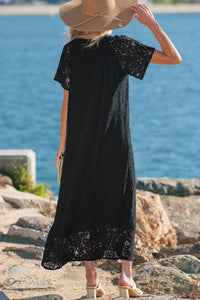 KaleaBoutique Comfortable Floral Lace Overlay Tassel Tie Short Sleeve Beach Vacation Loose Maxi Dress - KaleaBoutique.com