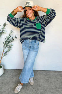 KaleaBoutique Ribbed Color Block Patchwork Crew Neck Patch Pocket Long Sleeve Top - KaleaBoutique.com