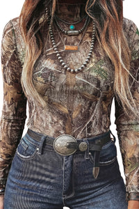KaleaBoutique Stylish Floral Print Slim Fit Mesh Long Sleeve Mock Neck Top - KaleaBoutique.com