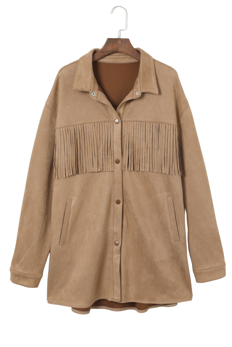 KaleaBoutique Fringe Trim Plus Size Suede Shacket - KaleaBoutique.com